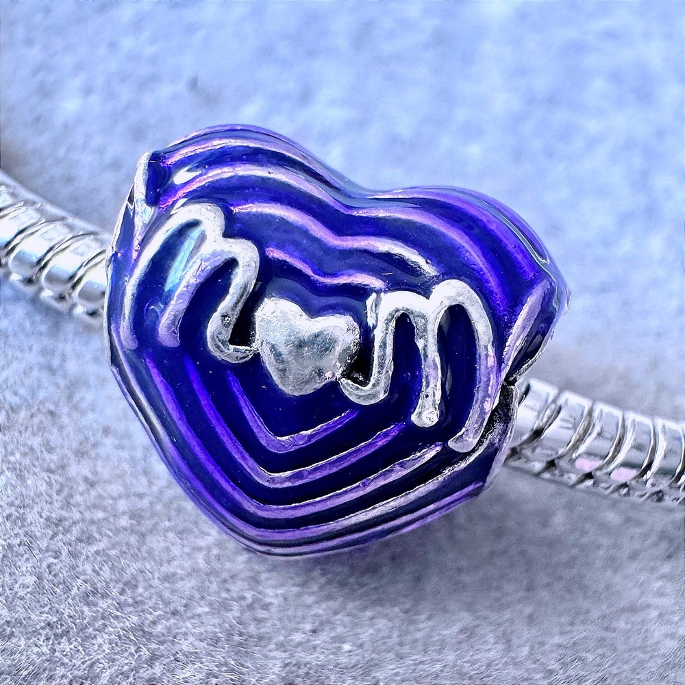 Purple Enamel Heart‎ Mom Charm Bead fits PANDORA